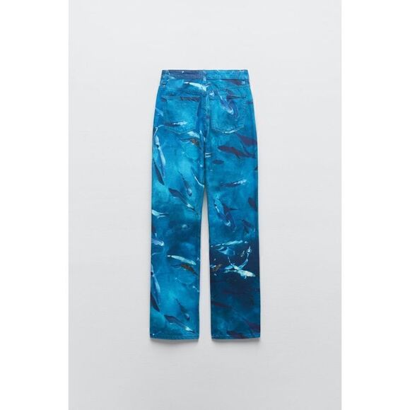 NWT Zara Straight Fit High Rise Regular Length Printed Jeans in Blue, Size 0 & 4 - Picture 8 of 16